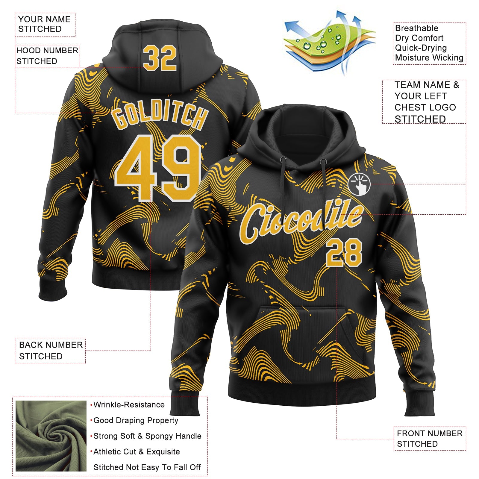 Custom Stitched Black Gold-White Curve Lines Sports Pullover Sweatshirt Hoodie