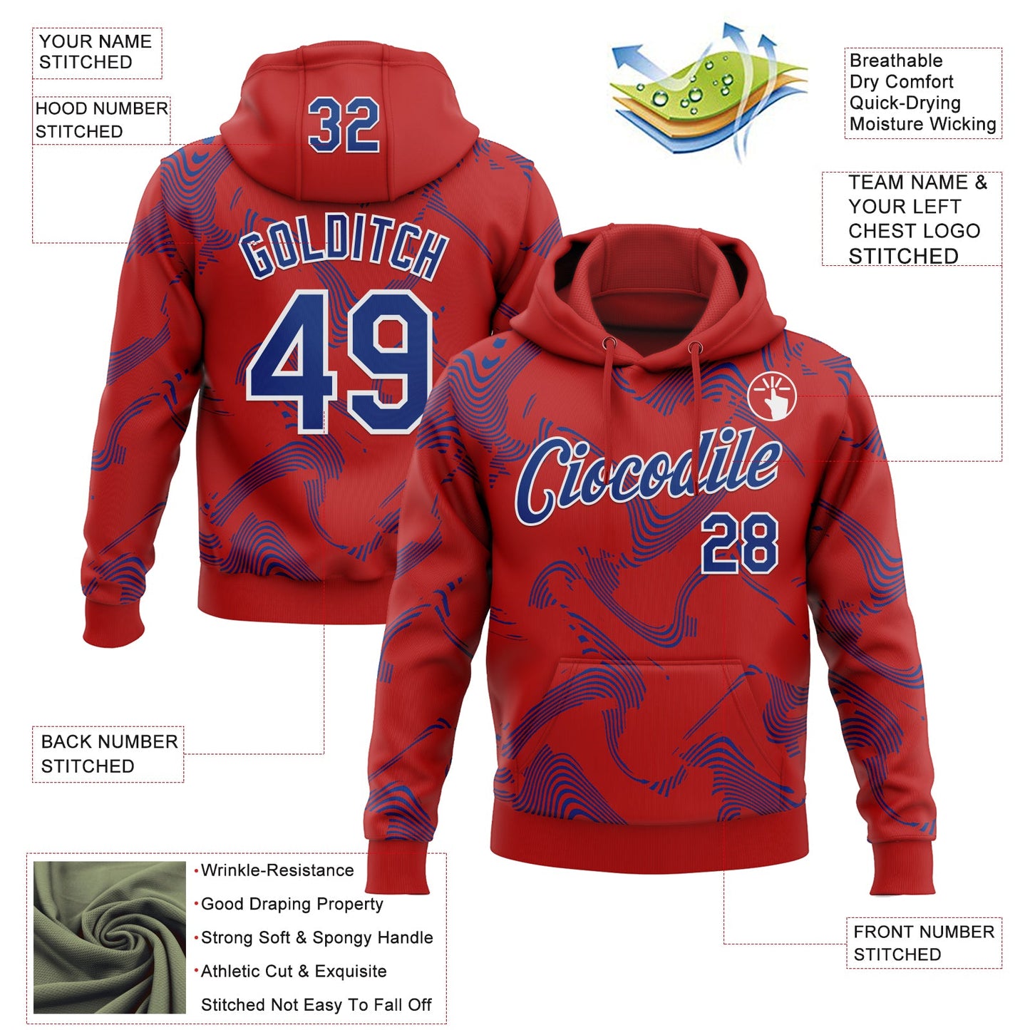 Custom Stitched Red Royal-White Curve Lines Sports Pullover Sweatshirt Hoodie