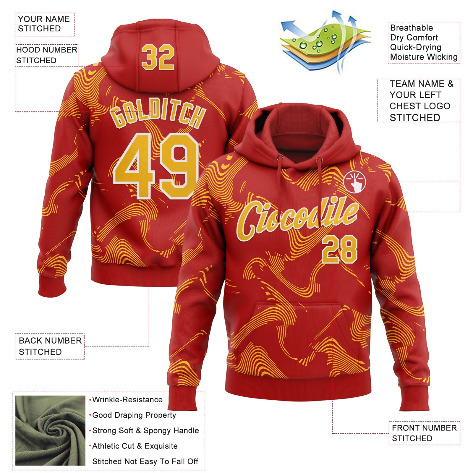 Custom Stitched Red Gold-White Curve Lines Sports Pullover Sweatshirt Hoodie