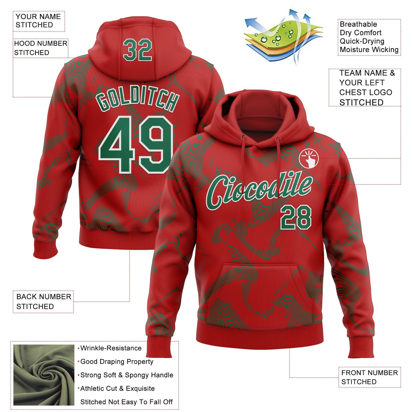 Custom Stitched Red Kelly Green-White Curve Lines Sports Pullover Sweatshirt Hoodie