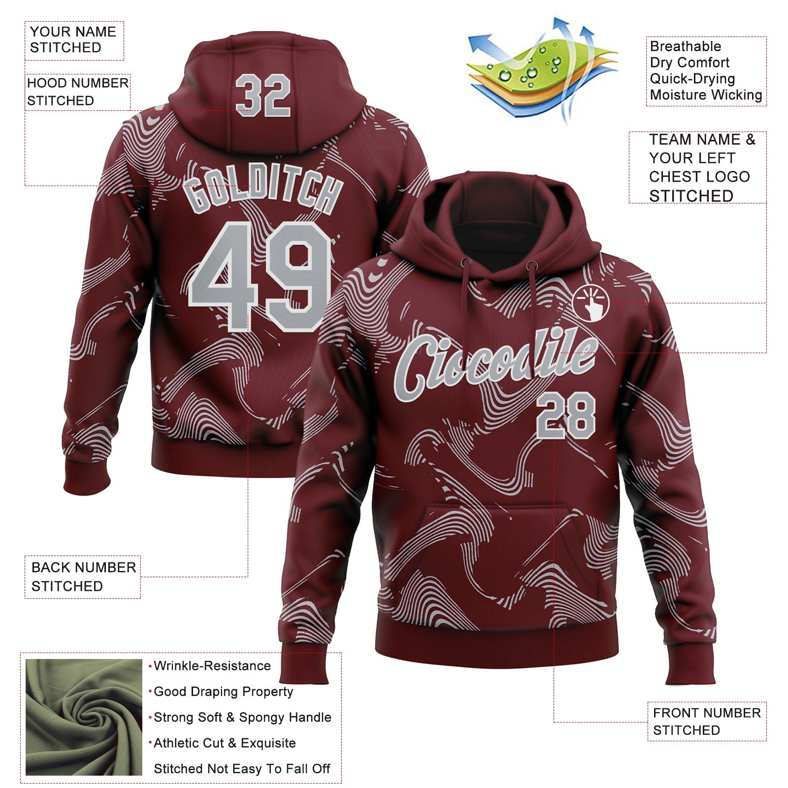 Custom Stitched Burgundy Gray-White Curve Lines Sports Pullover Sweatshirt Hoodie
