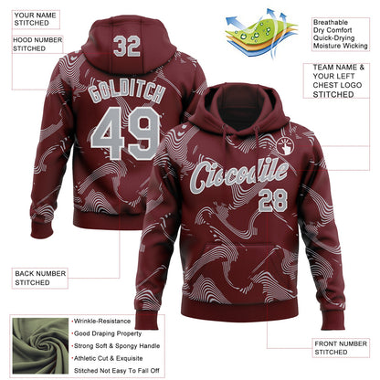 Custom Stitched Burgundy Gray-White Curve Lines Sports Pullover Sweatshirt Hoodie