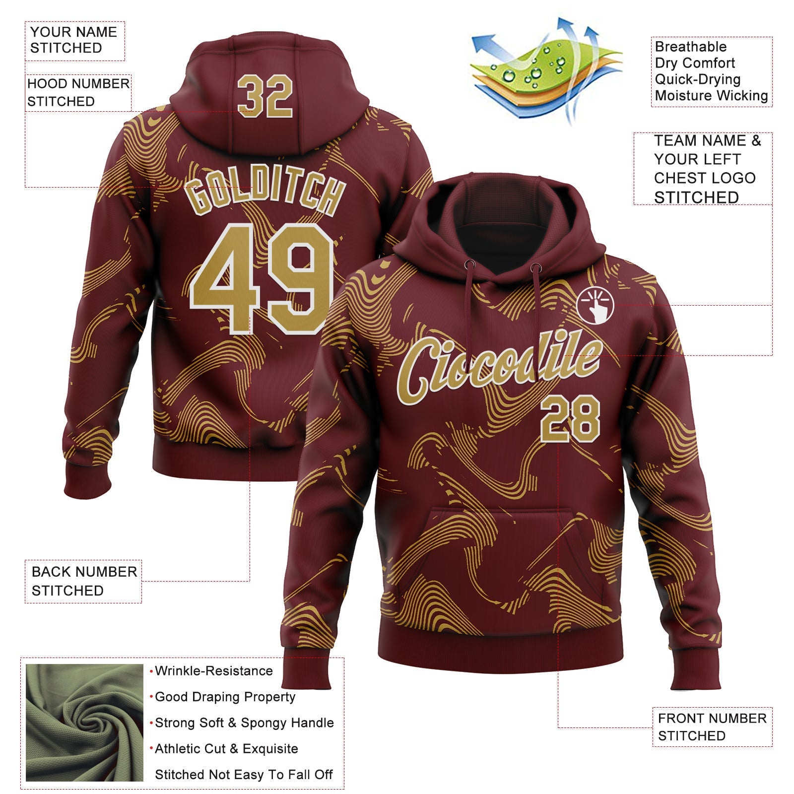Custom Stitched Burgundy Old Gold-White Curve Lines Sports Pullover Sweatshirt Hoodie