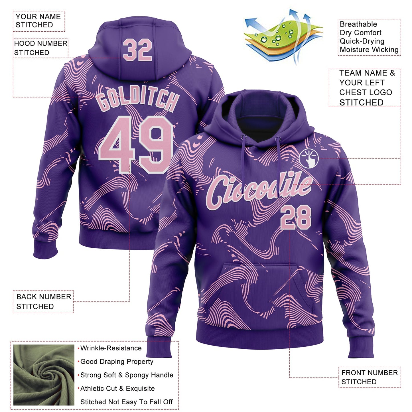 Custom Stitched Purple Light Pink-White Curve Lines Sports Pullover Sweatshirt Hoodie