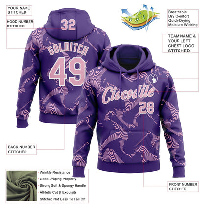 Custom Stitched Purple Light Pink-White Curve Lines Sports Pullover Sweatshirt Hoodie