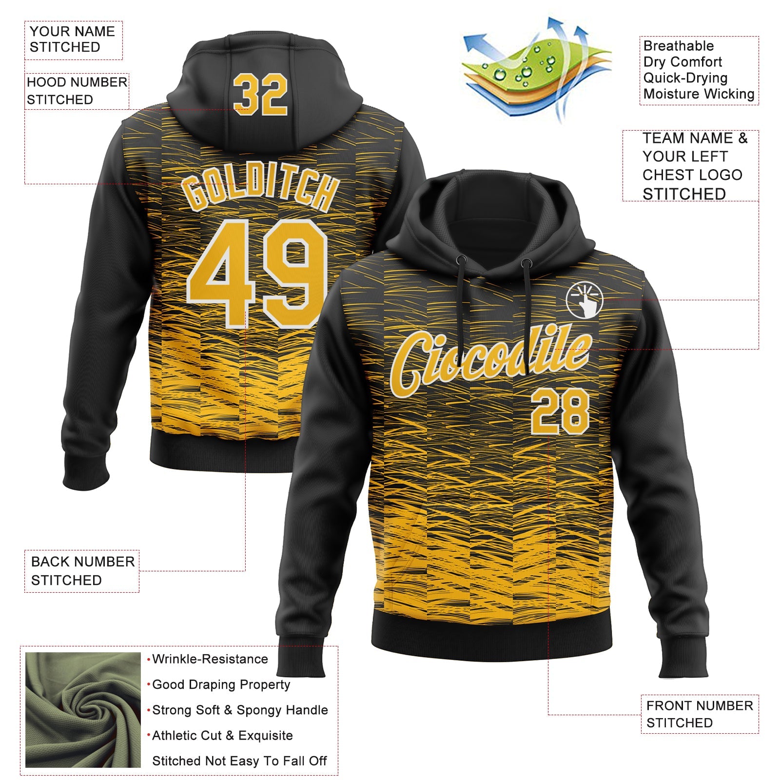 Custom Stitched Black Gold-White Line Sports Pullover Sweatshirt Hoodie