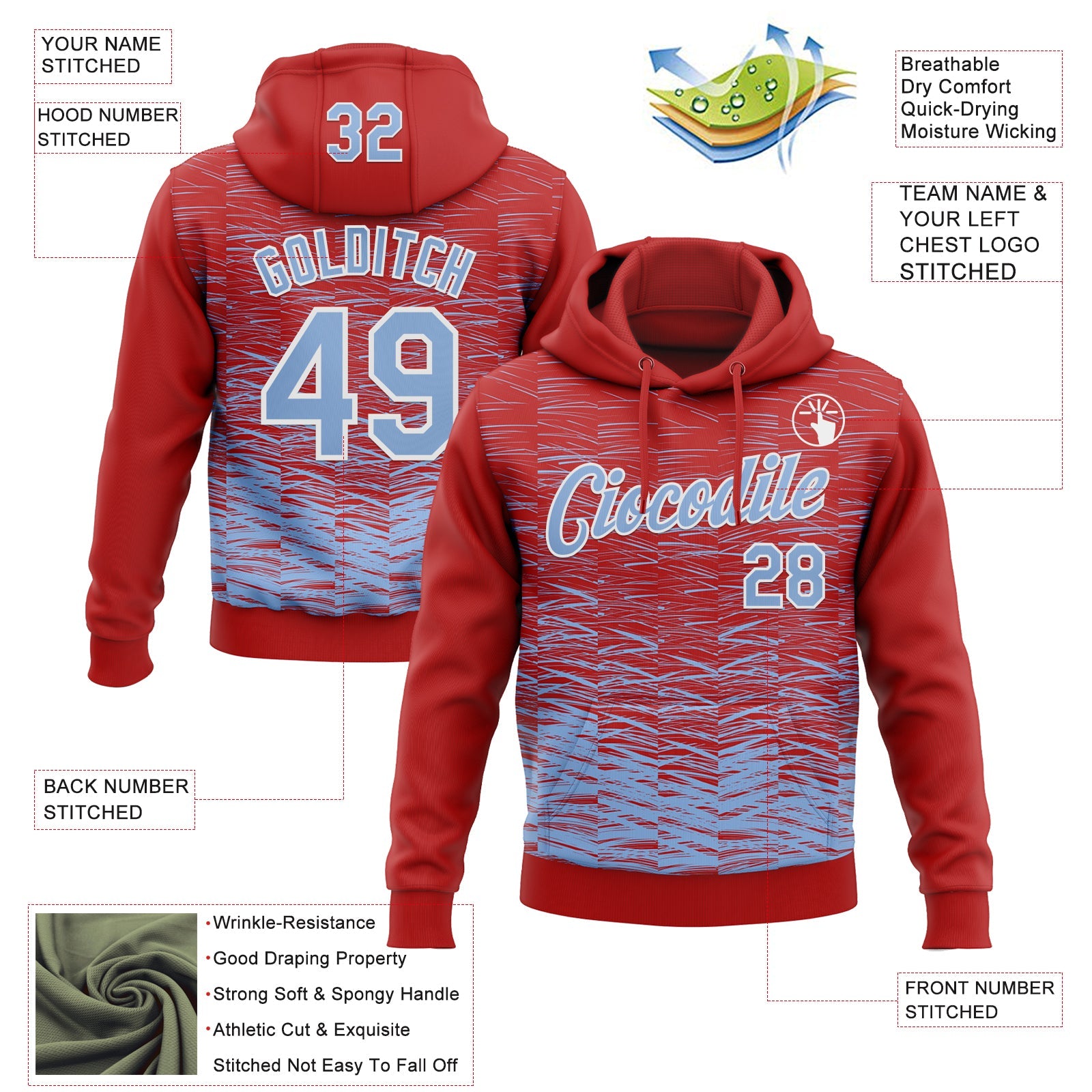 Custom Stitched Red Light Blue-White Line Sports Pullover Sweatshirt Hoodie