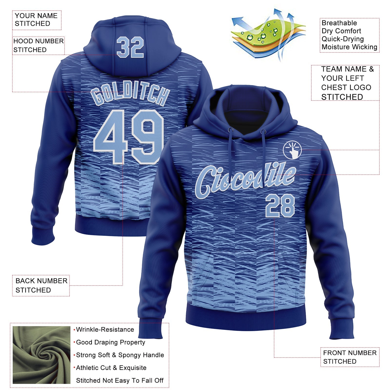 Custom Stitched Royal Light Blue-White Line Sports Pullover Sweatshirt Hoodie