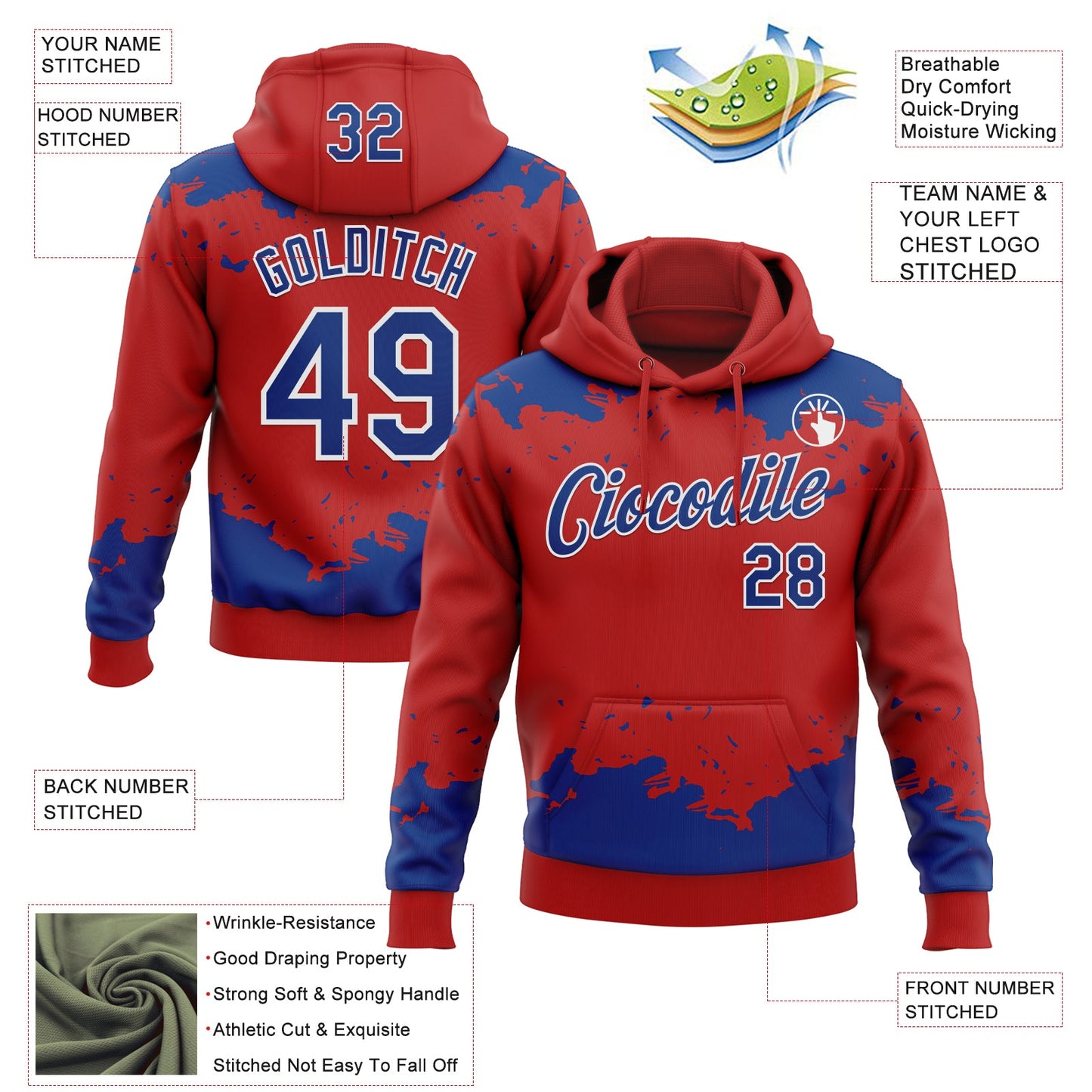Custom Stitched Red Royal-White Fragment Pattern Sports Pullover Sweatshirt Hoodie
