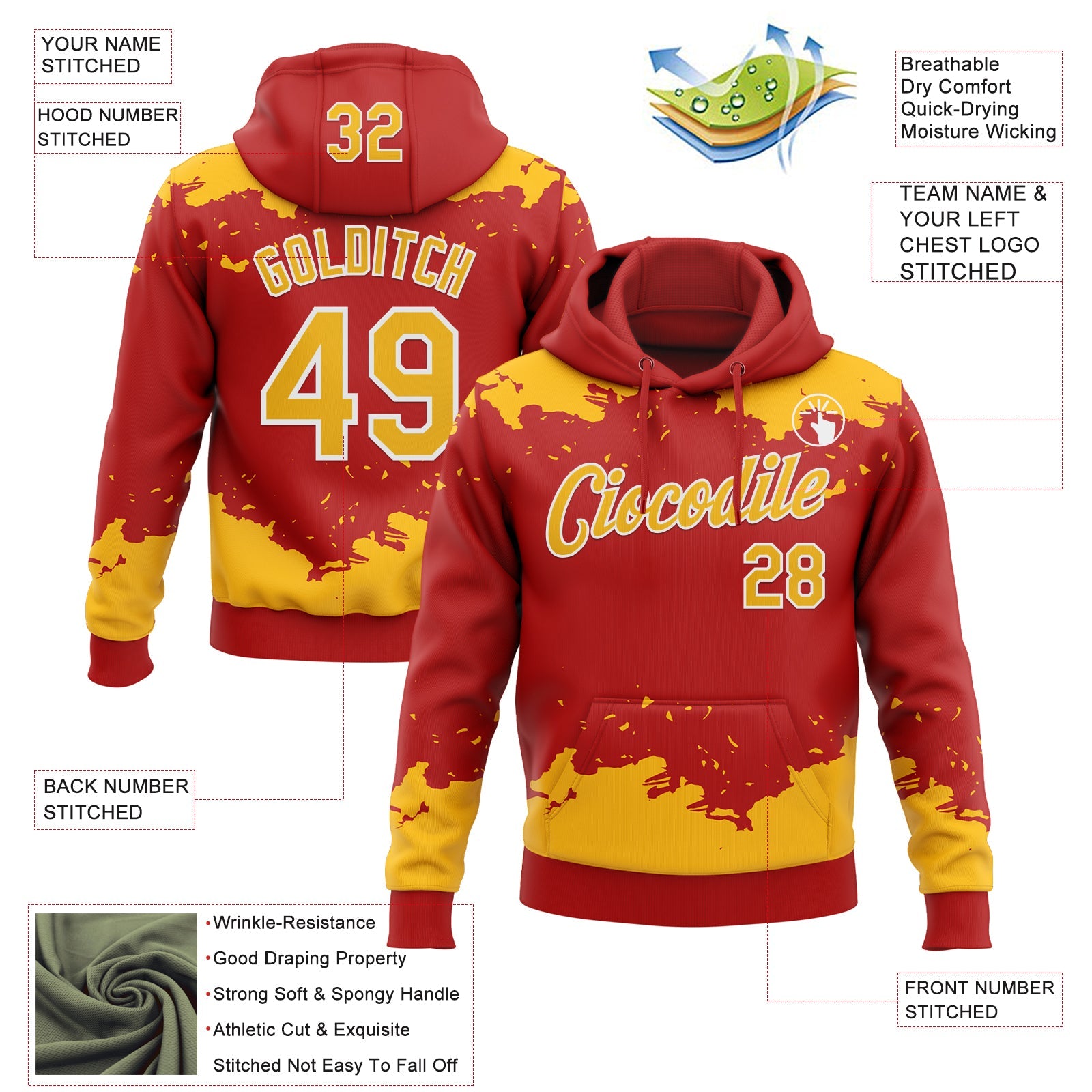 Custom Stitched Red Gold-White Fragment Pattern Sports Pullover Sweatshirt Hoodie