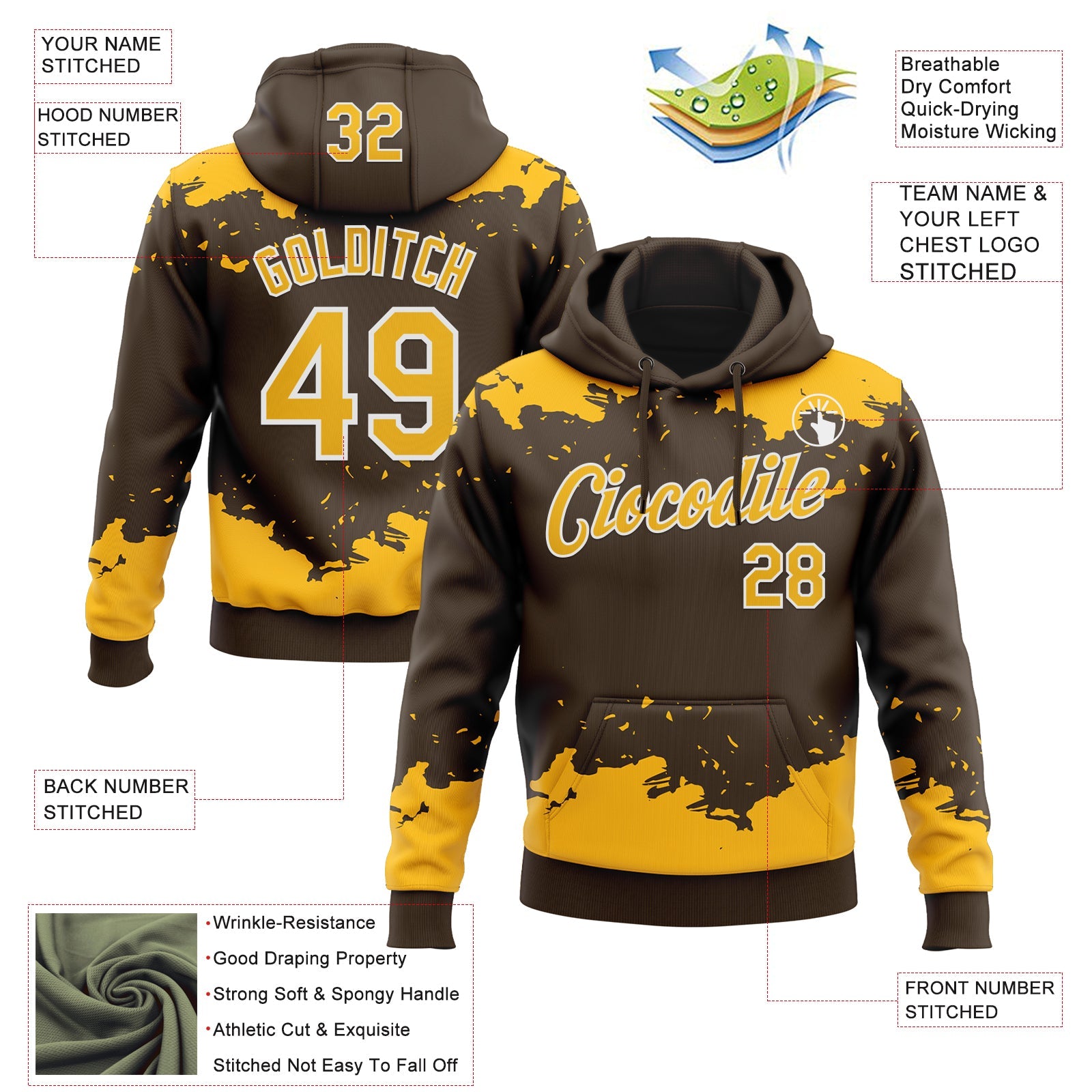 Custom Stitched Brown Gold-White Fragment Pattern Sports Pullover Sweatshirt Hoodie