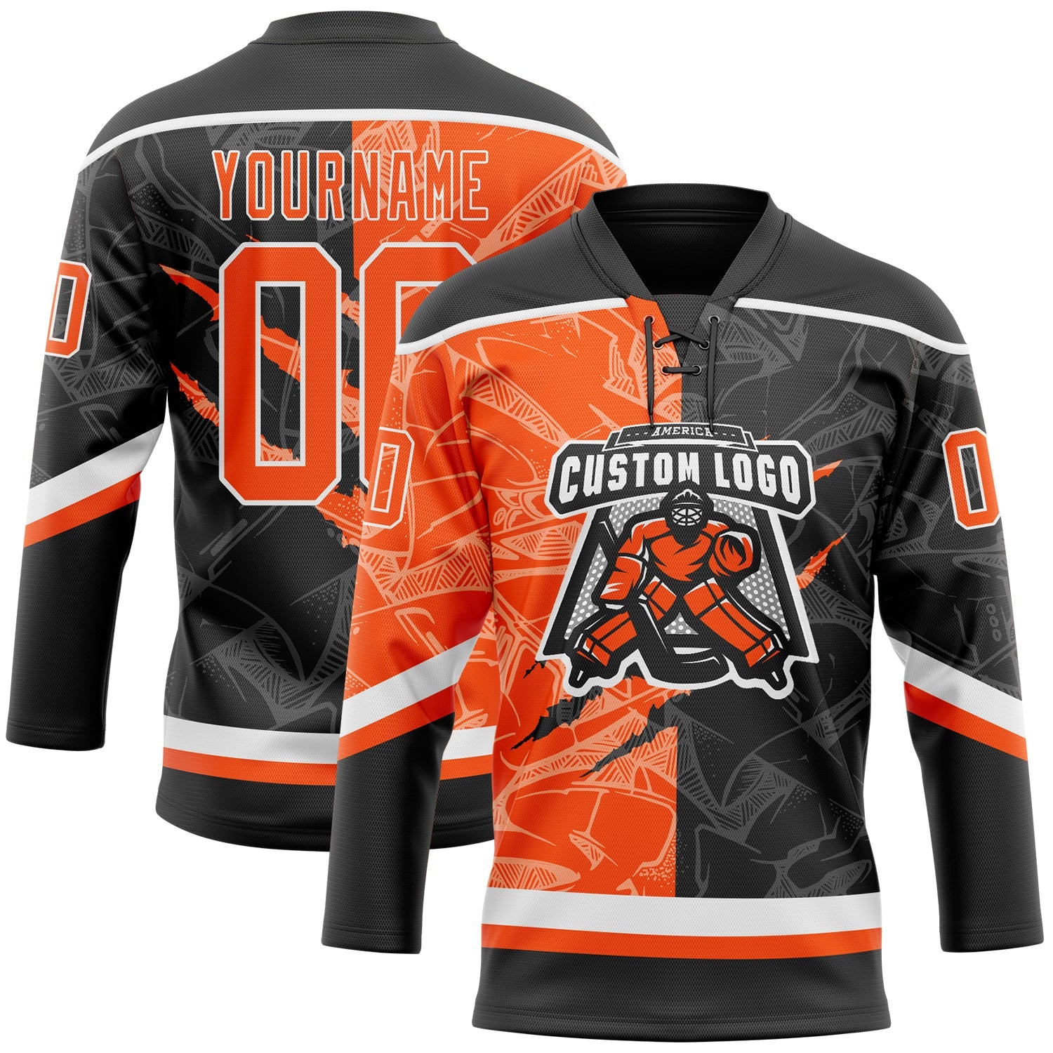 Custom Black Orange-White 3D Pattern Gradient Fashion Scratch Hockey Lace Neck Jersey