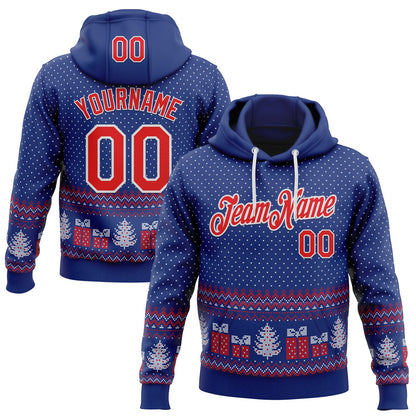 Custom Stitched Royal Red-White 3D Christmas Ugly Sweater Sports Pullover Sweatshirt Hoodie