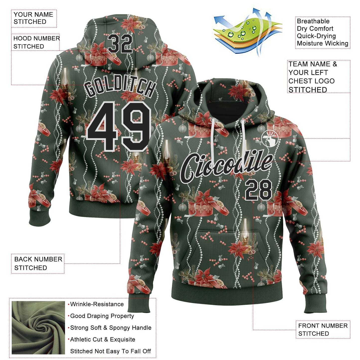 Custom Stitched Green Black-White 3D Christmas Sports Pullover Sweatshirt Hoodie