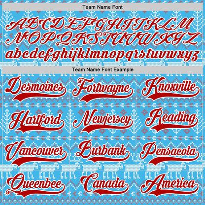 Custom Sky Blue Red-White 3D Christmas Ugly Sweater Hockey Lace Neck Jersey