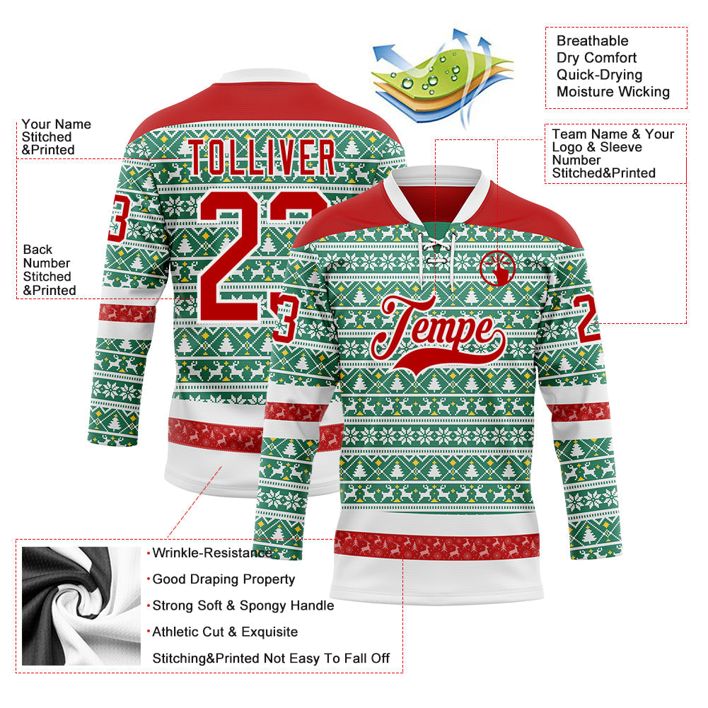 Custom Kelly Green Red-White 3D Christmas Ugly Sweater Hockey Lace Neck Jersey