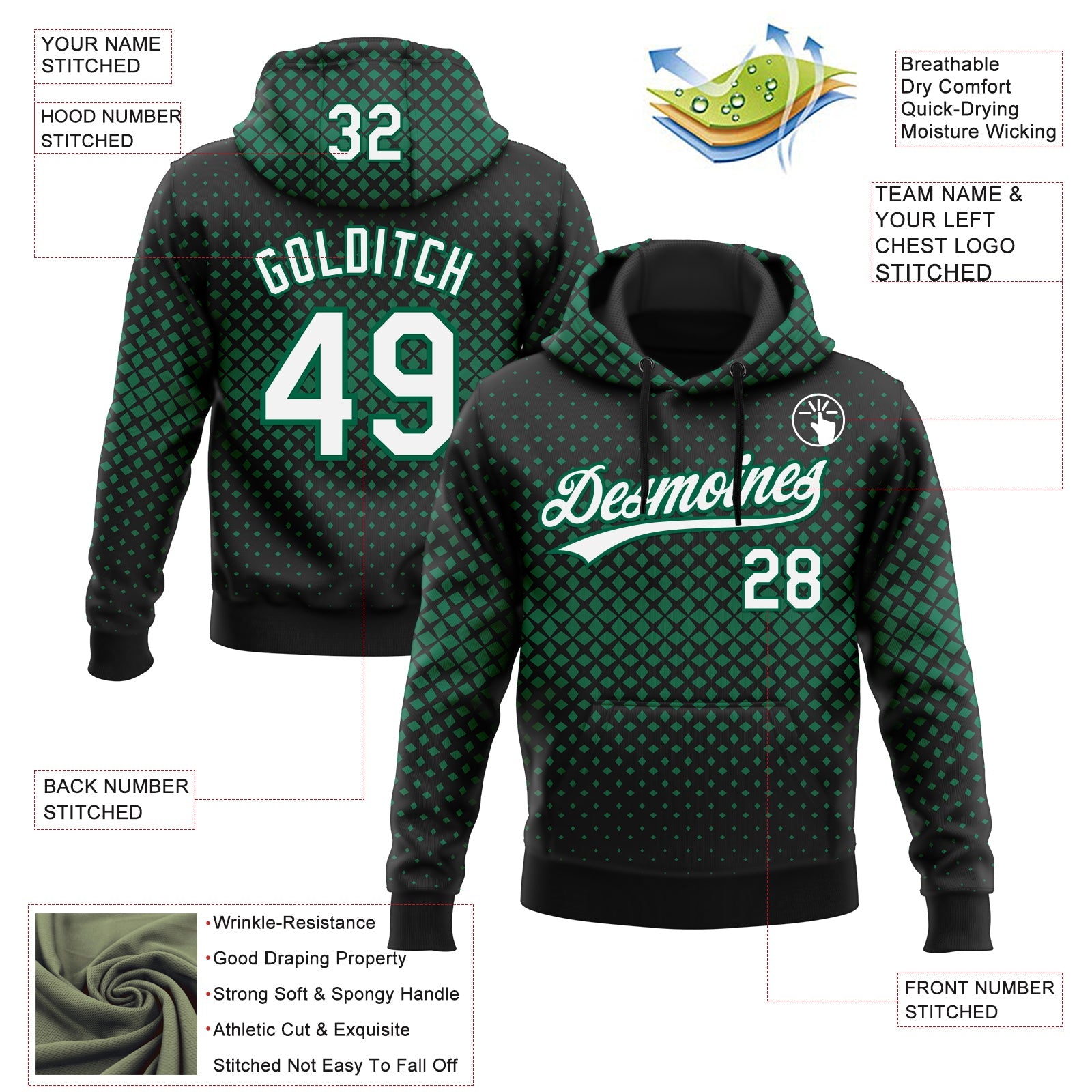 Custom Stitched Black White-Kelly Green 3D Pattern Design Geometrico Graph Sports Pullover Sweatshirt Hoodie