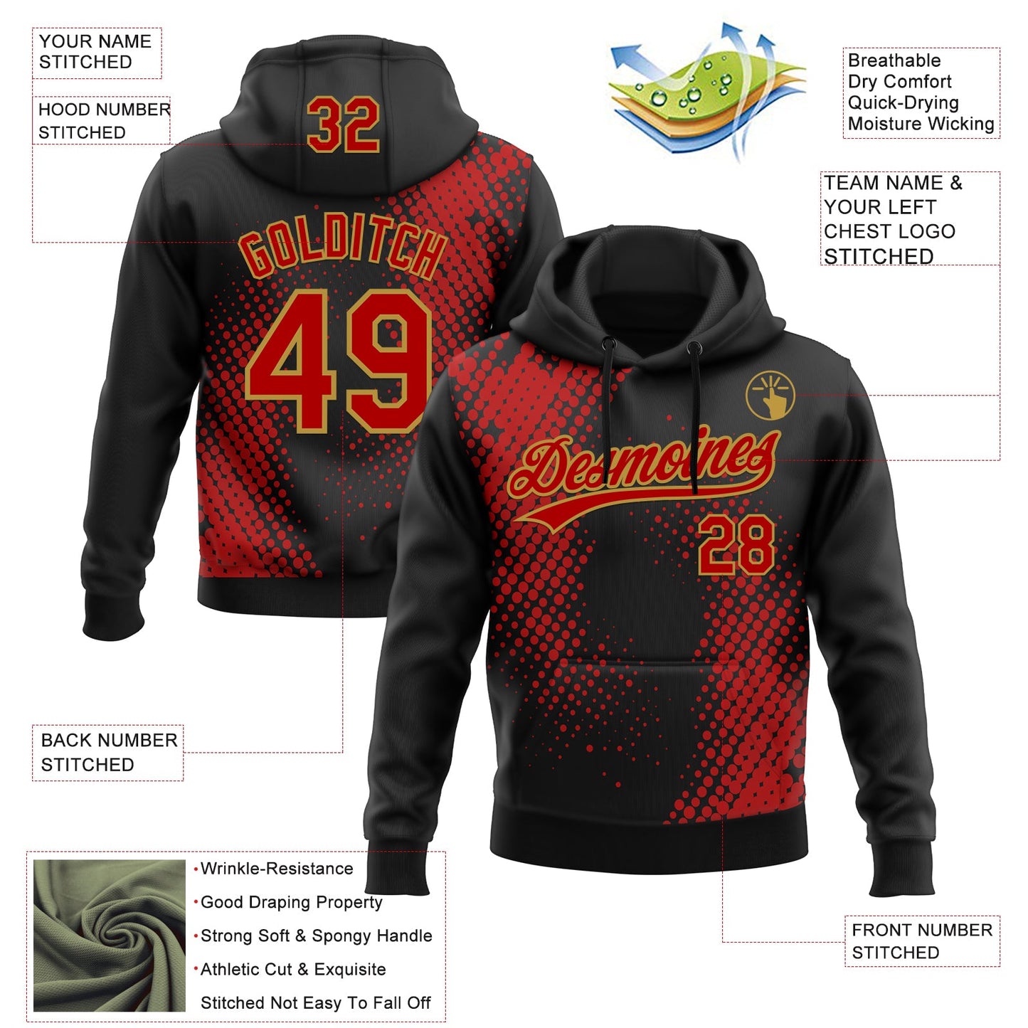 Custom Stitched Black Red-Old Gold 3D Pattern Design Geometrico Graph Sports Pullover Sweatshirt Hoodie