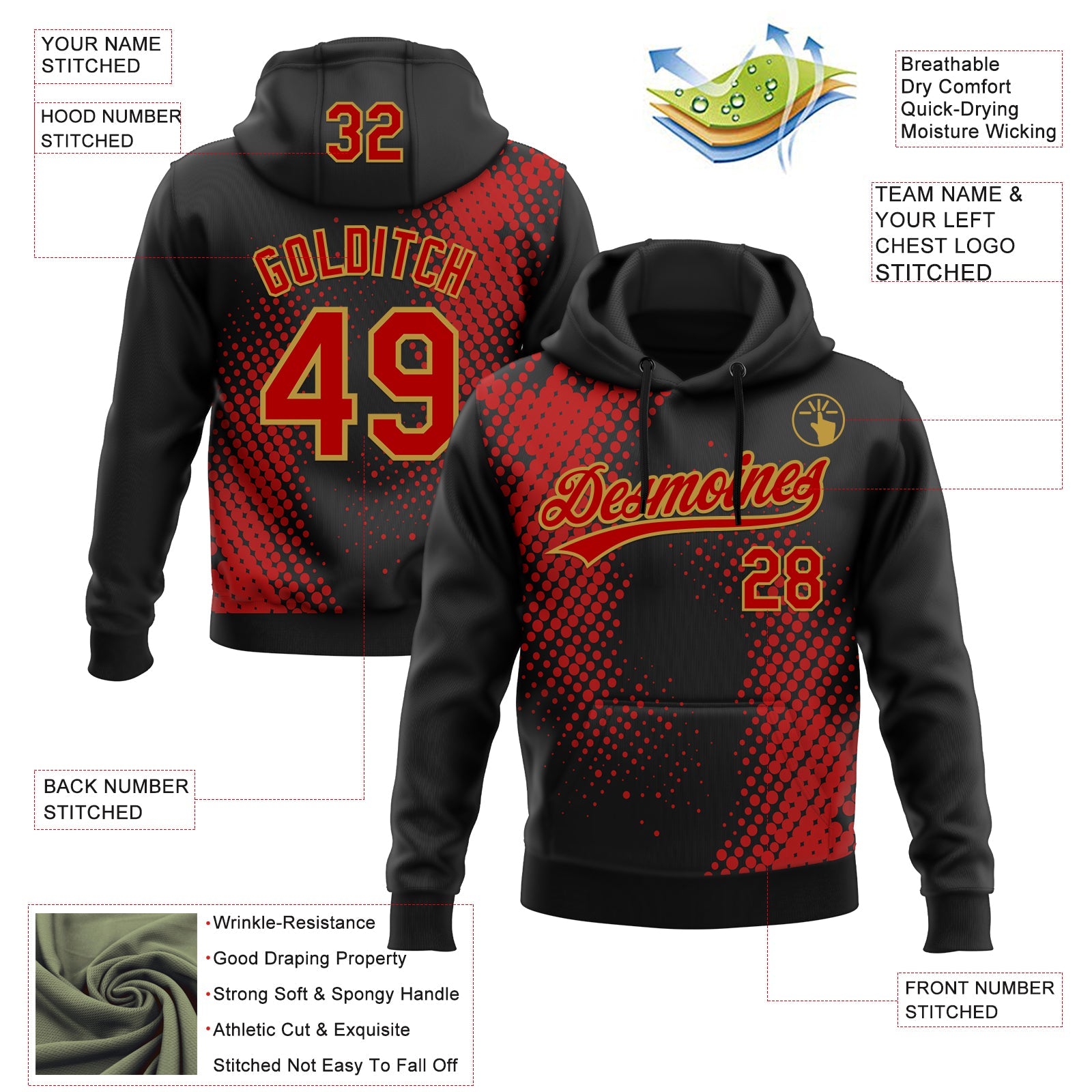 Custom Stitched Black Red-Old Gold 3D Pattern Design Geometrico Graph Sports Pullover Sweatshirt Hoodie