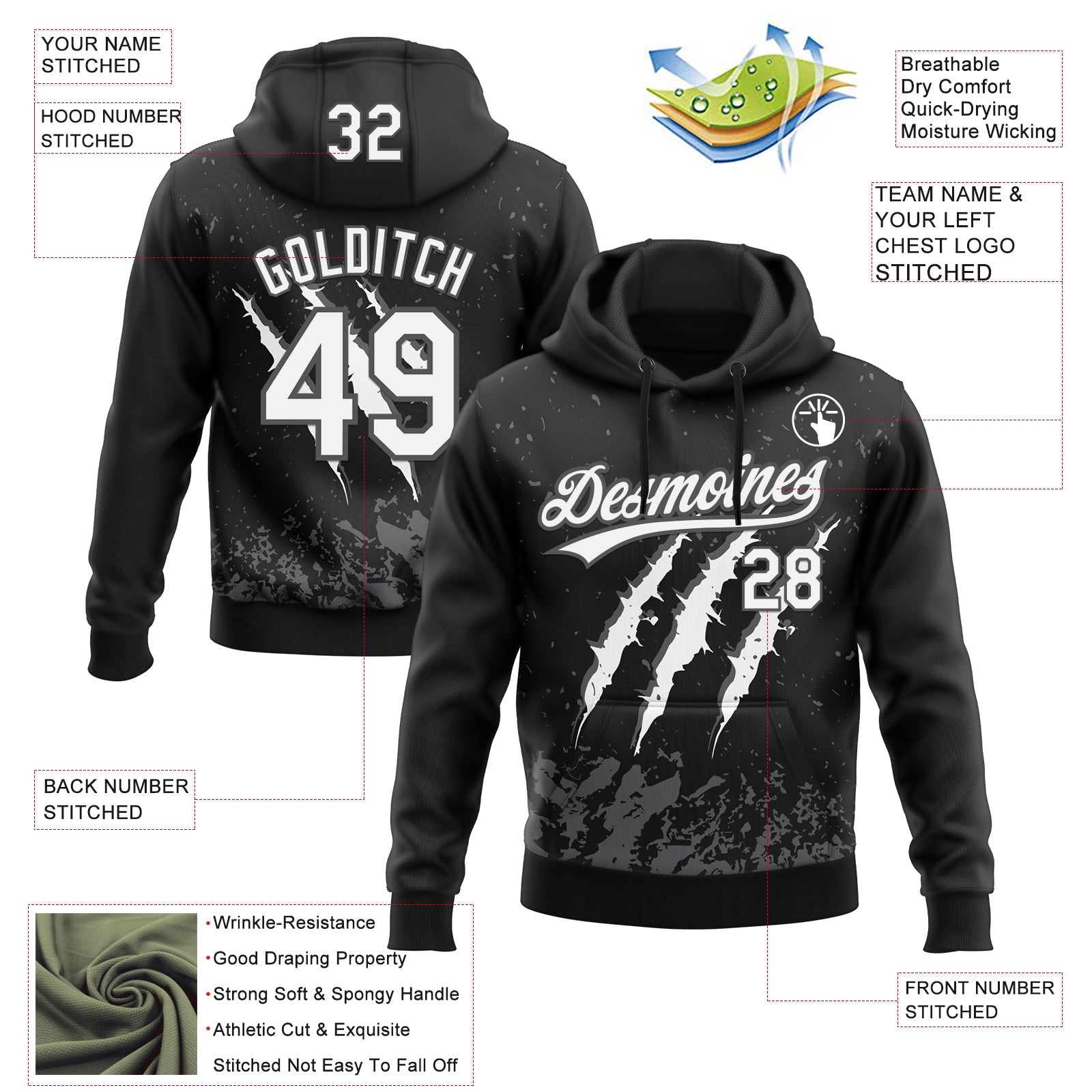Custom Stitched Black White-Steel Gray 3D Pattern Design Leopardo Scratch Sports Pullover Sweatshirt Hoodie