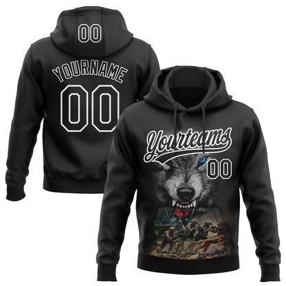 Custom Stitched Black Black-White 3D Pattern Design Wolf Sports Pullover Sweatshirt Hoodie