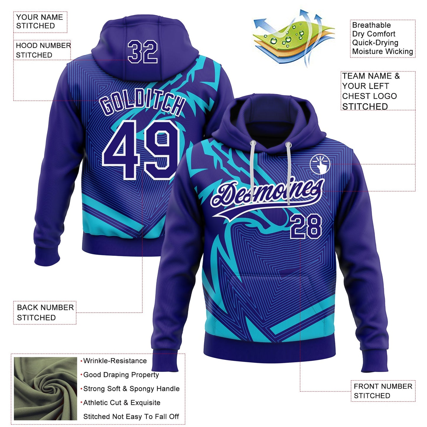 Custom Stitched Lakes Blue Dark Purple-White 3D Pattern Design Wolf Sports Pullover Sweatshirt Hoodie