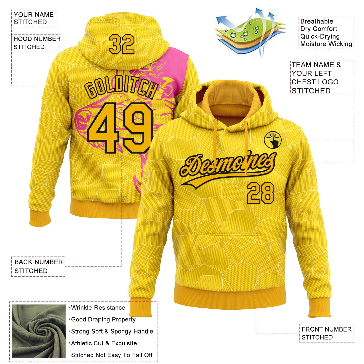 Custom Stitched Pink Gold-Black 3D Pattern Design Wolf Sports Pullover Sweatshirt Hoodie