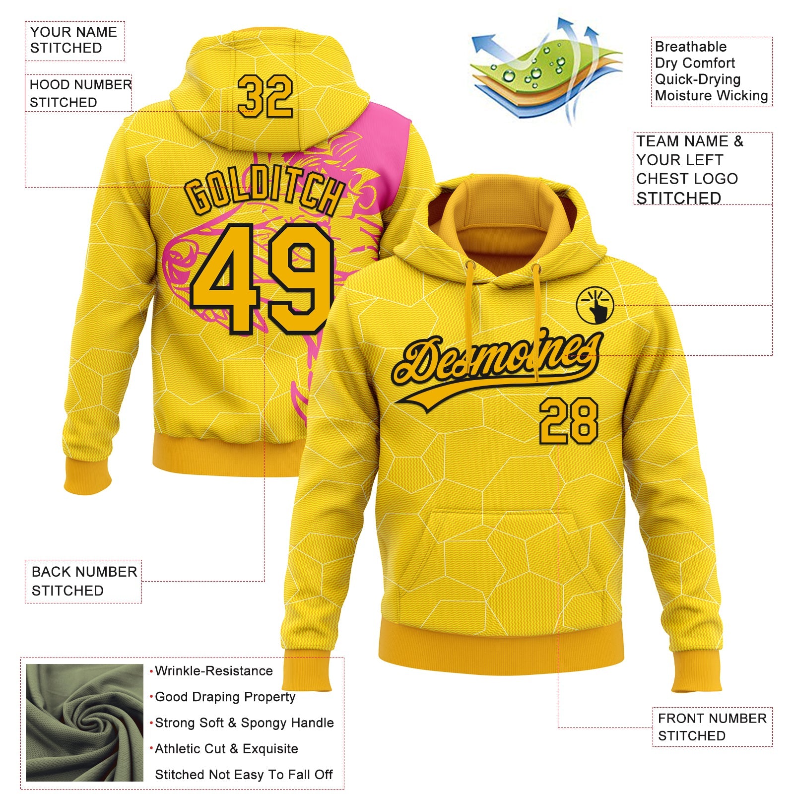 Custom Stitched Pink Gold-Black 3D Pattern Design Wolf Sports Pullover Sweatshirt Hoodie
