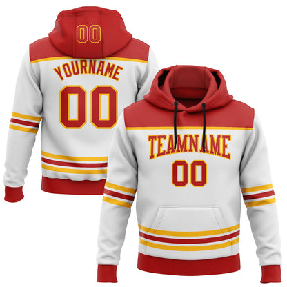 Custom White Red-Gold 3D Pattern Design Game Day Calgary Inspired Sports Pullover Sweatshirt Hoodie