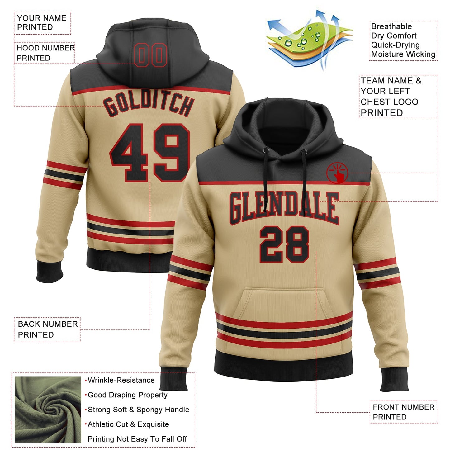 Custom Vegas Gold Black-Red 3D Pattern Design Game Day Vegas Inspired Sports Pullover Sweatshirt Hoodie