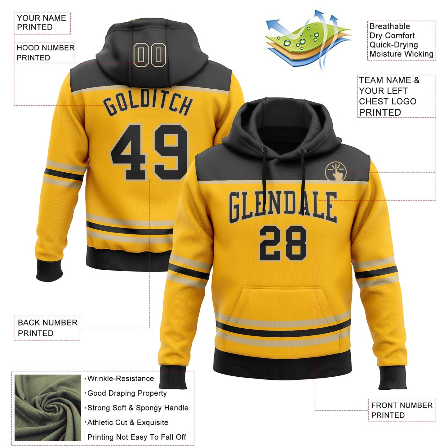Custom Gold Black-Vegas Gold 3D Pattern Design Game Day Pittsburgh Inspired Sports Pullover Sweatshirt Hoodie