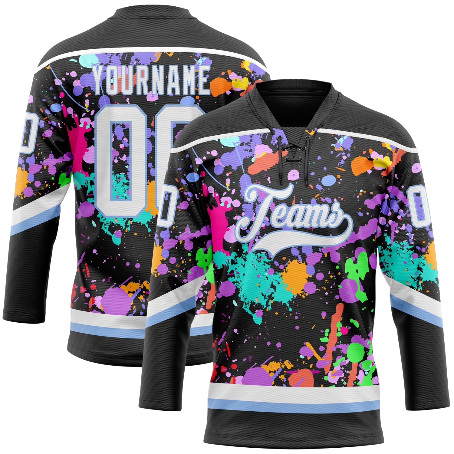 Custom Graffiti Pattern White Black-Light Blue 3D Pattern Splash Art Hockey Lace Neck Jersey
