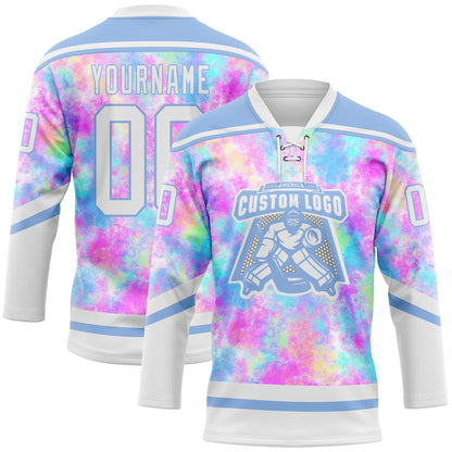 Custom Tie Dye White-Light Blue 3D Pattern Spalsh Art Hockey Lace Neck Jersey