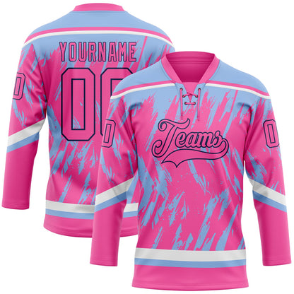 Custom Pink Light Blue Navy-White 3D Pattern Splash Art Hockey Lace Neck Jersey