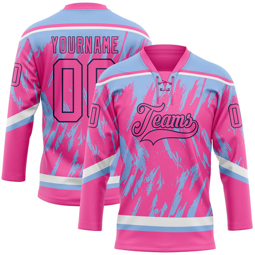 Custom Pink Light Blue Navy-White 3D Pattern Splash Art Hockey Lace Neck Jersey