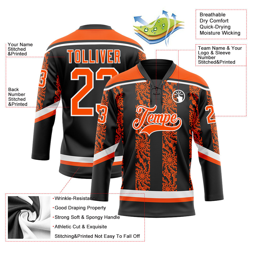 Custom Black Orange-White 3D Pattern Abstract Shape Hockey Lace Neck Jersey