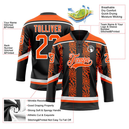Custom Black Orange-White 3D Pattern Abstract Shape Hockey Lace Neck Jersey