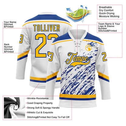 Custom White Gold-Royal 3D Splash Art Hockey Lace Neck Jersey