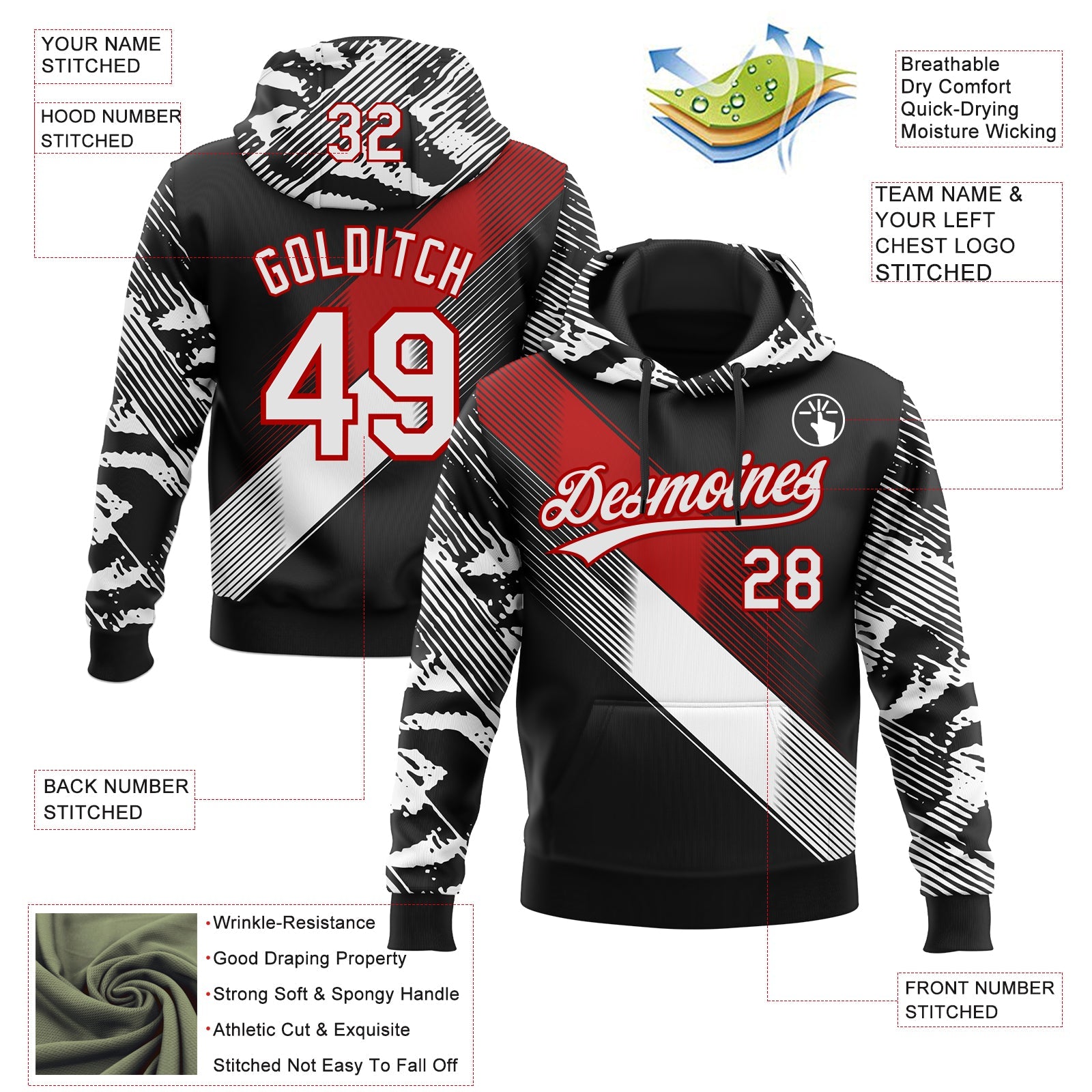 Custom Stitched Black White-Red E-sports Pattern Pullover Sweatshirt Hoodie