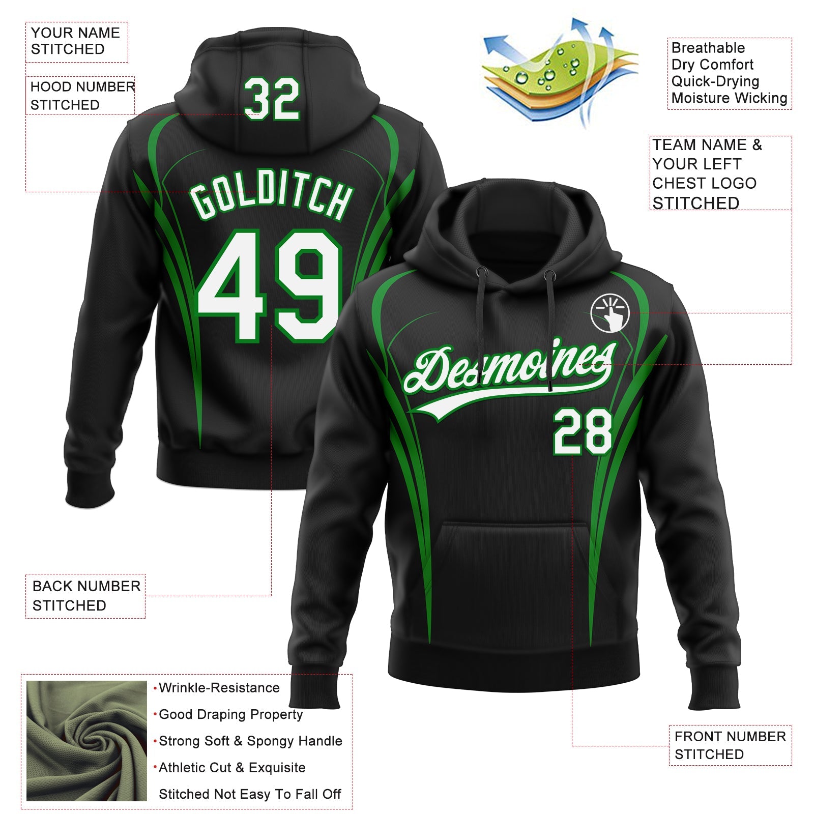 Custom Stitched Black White-Grass Green E-sports Pattern Pullover Sweatshirt Hoodie