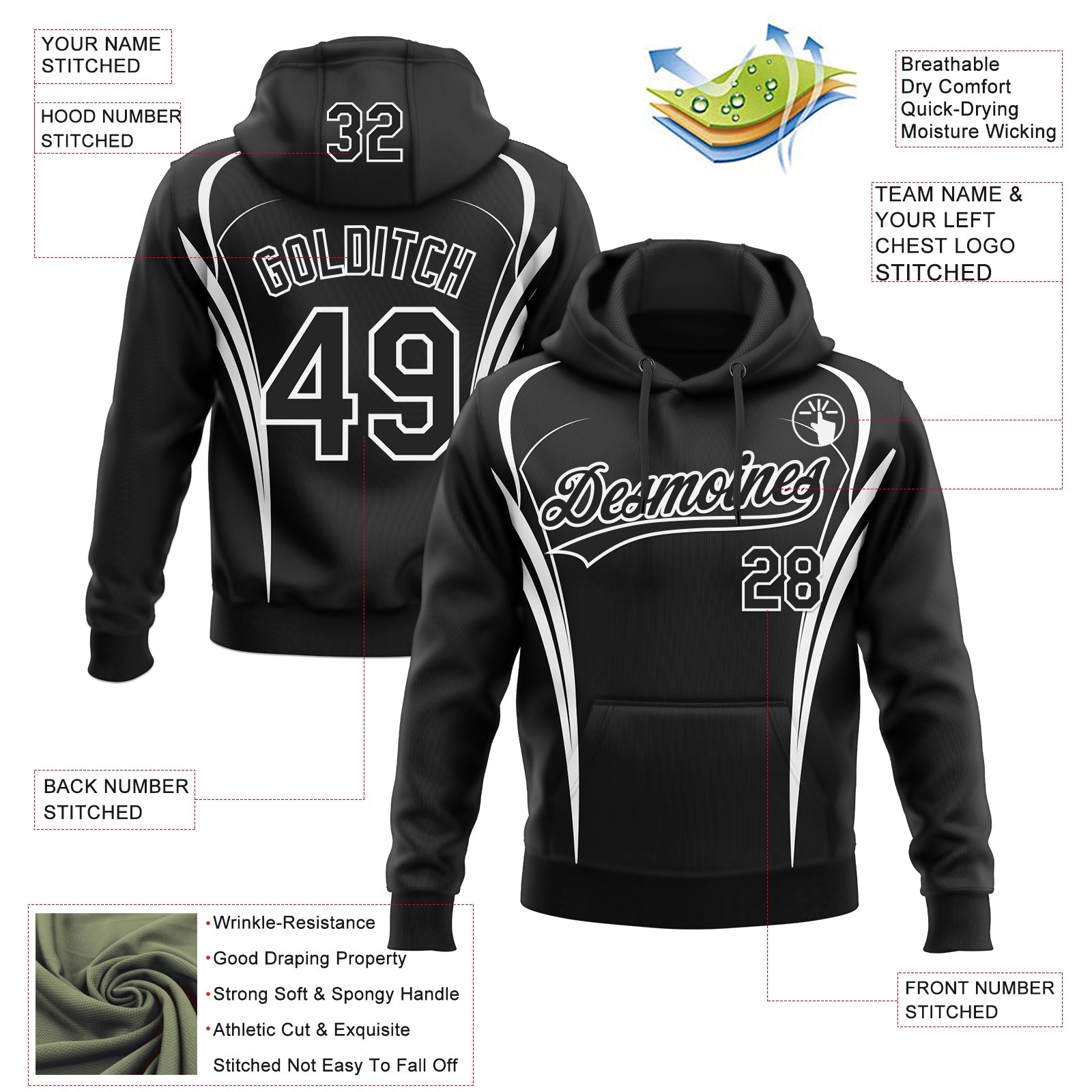 Custom Stitched Black White E-sports Pattern Pullover Sweatshirt Hoodie