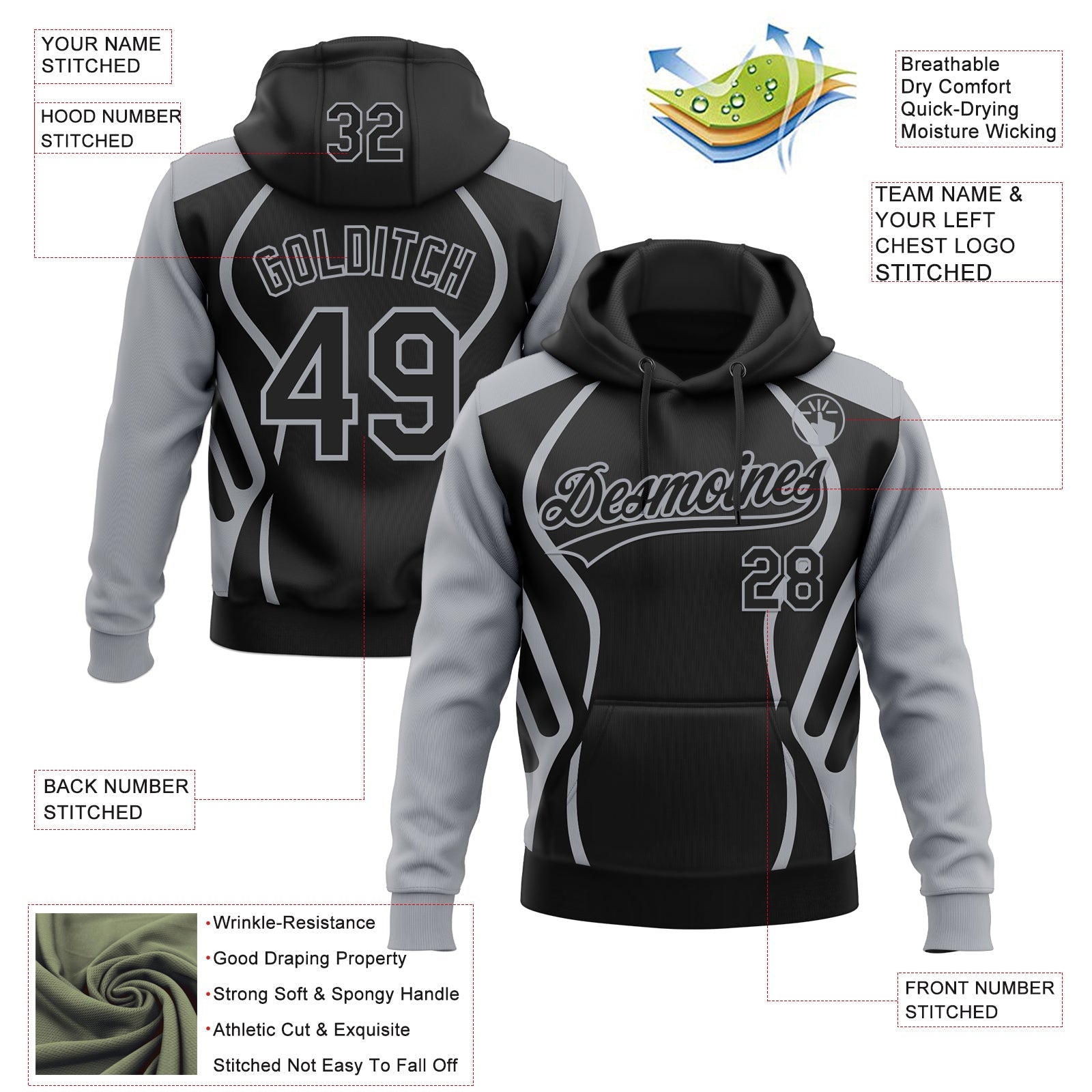 Custom Stitched Black Gray E-sports Pattern Pullover Sweatshirt Hoodie