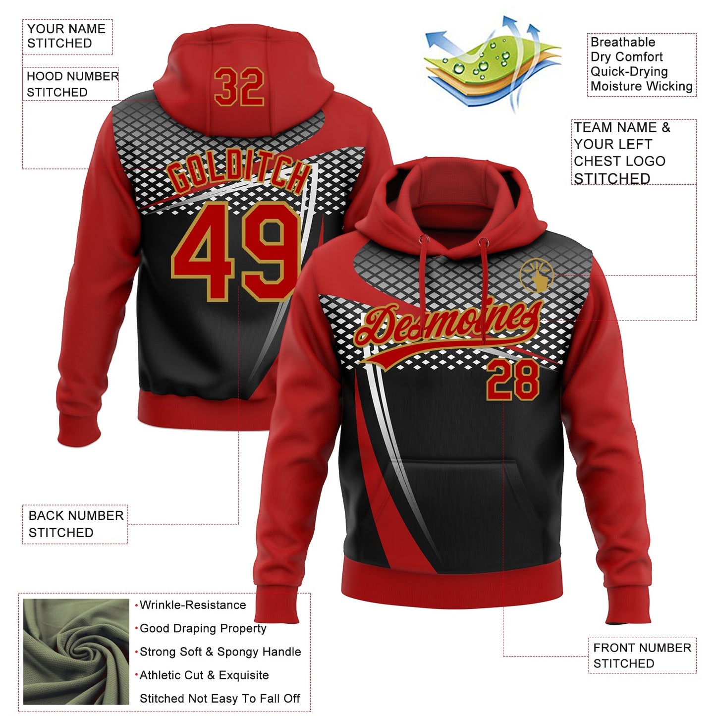Custom Stitched Red Black Old Gold-White E-sports Pattern Pullover Sweatshirt Hoodie