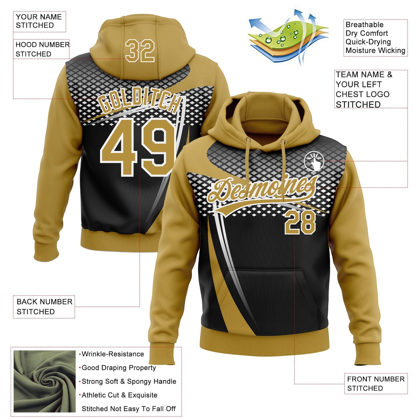 Custom Stitched Old Gold Black-White E-sports Pattern Pullover Sweatshirt Hoodie