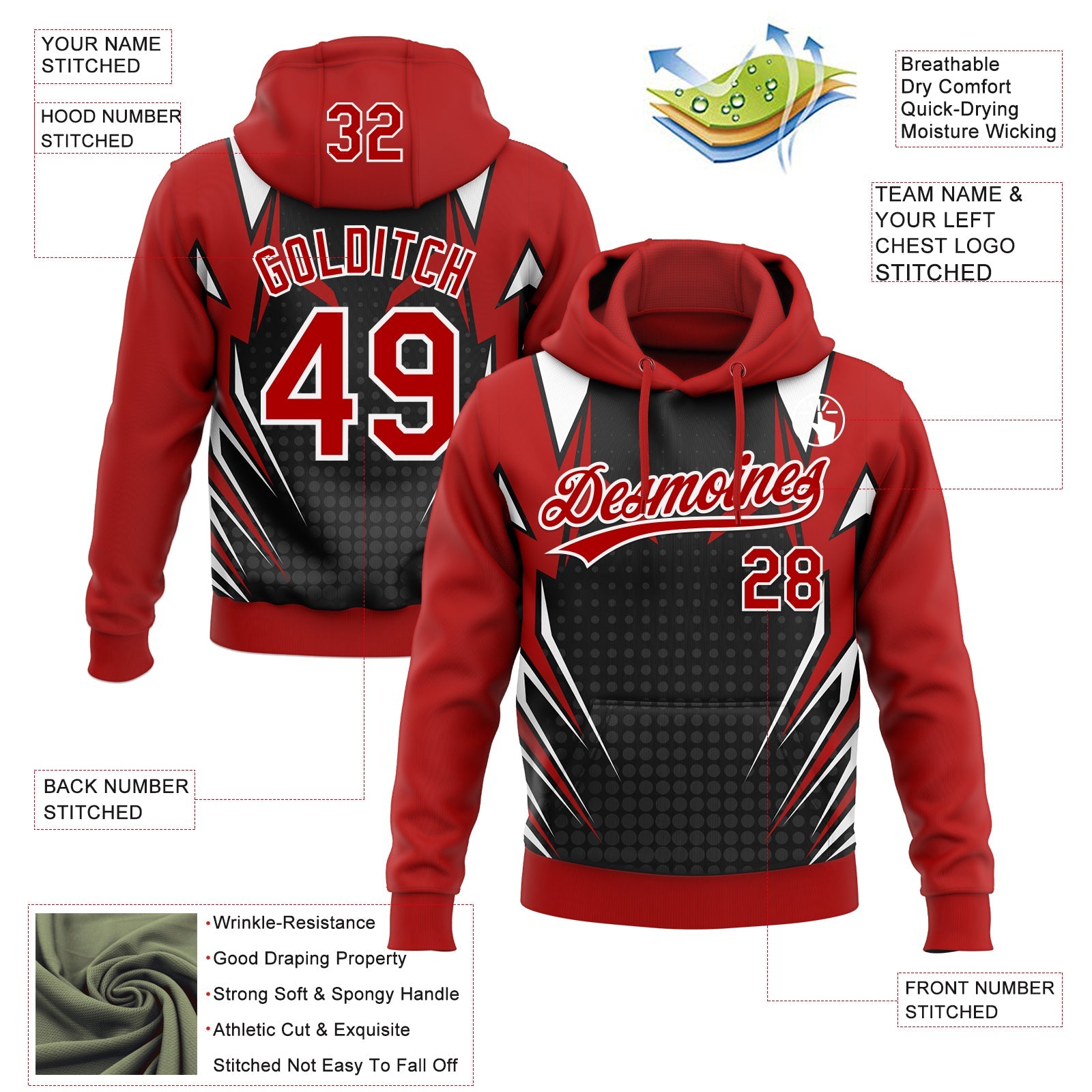 Custom Stitched Red Black-White E-sports Pattern Pullover Sweatshirt Hoodie