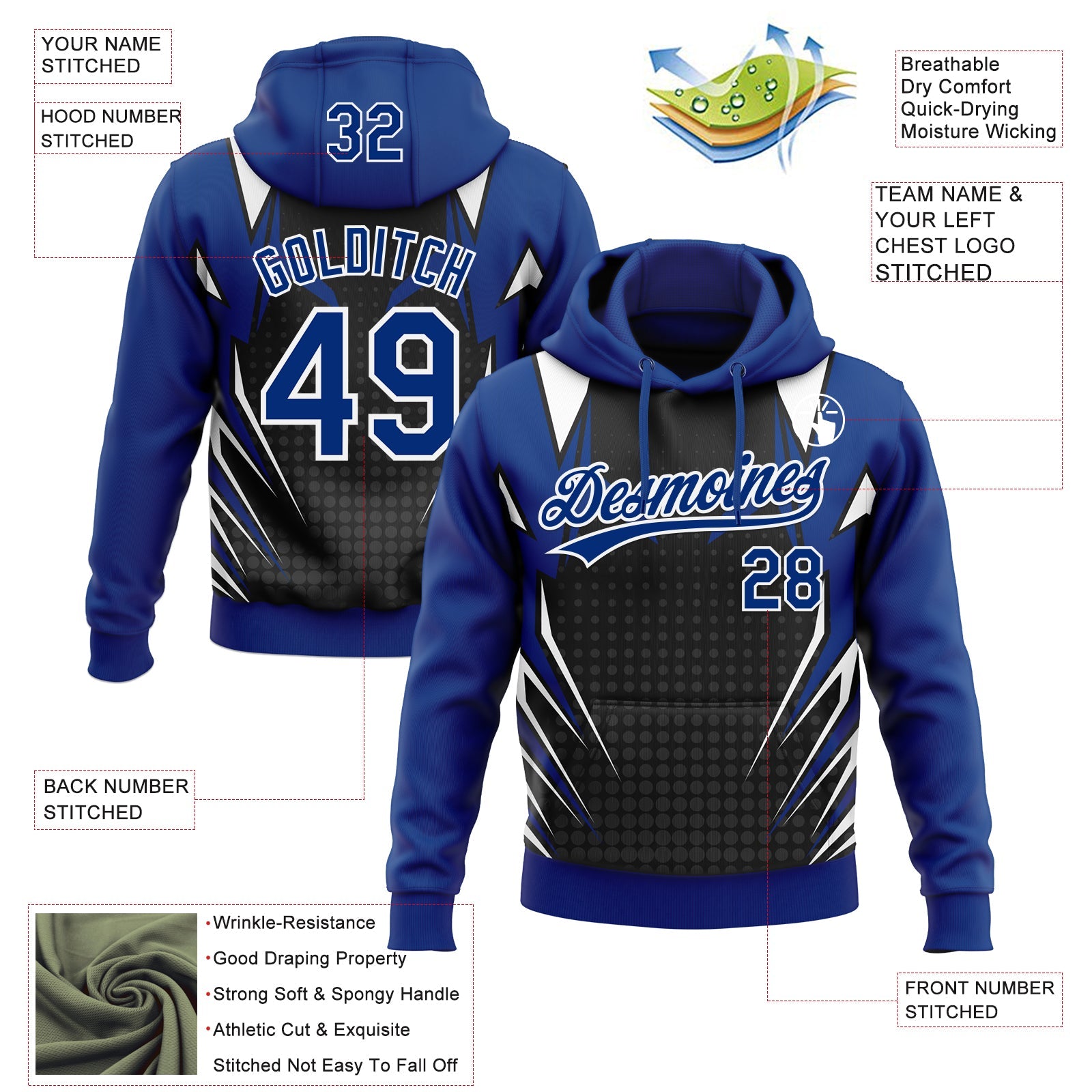 Custom Stitched Royal Black-White E-sports Pattern Pullover Sweatshirt Hoodie