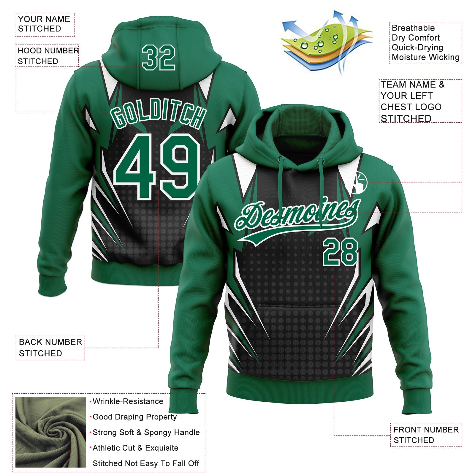 Custom Stitched Kelly Green Black-White E-sports Pattern Pullover Sweatshirt Hoodie