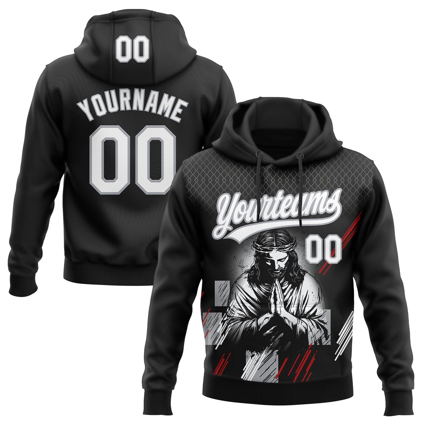 Custom Stitched Black White Gray-Red Religion Jesus Christ Pullover Sweatshirt Hoodie