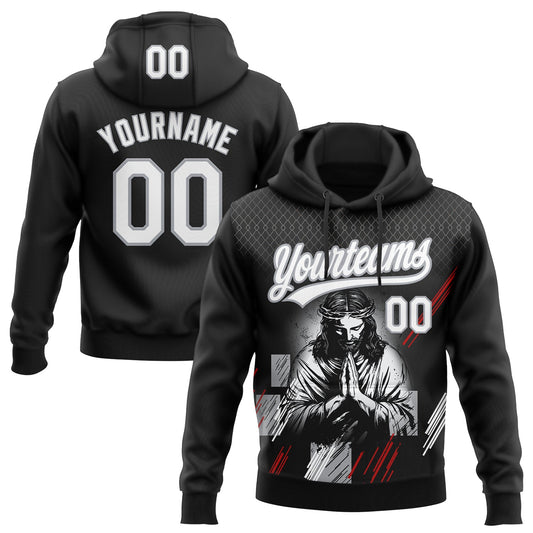 Custom Stitched Black White Gray-Red Religion Jesus Christ Pullover Sweatshirt Hoodie