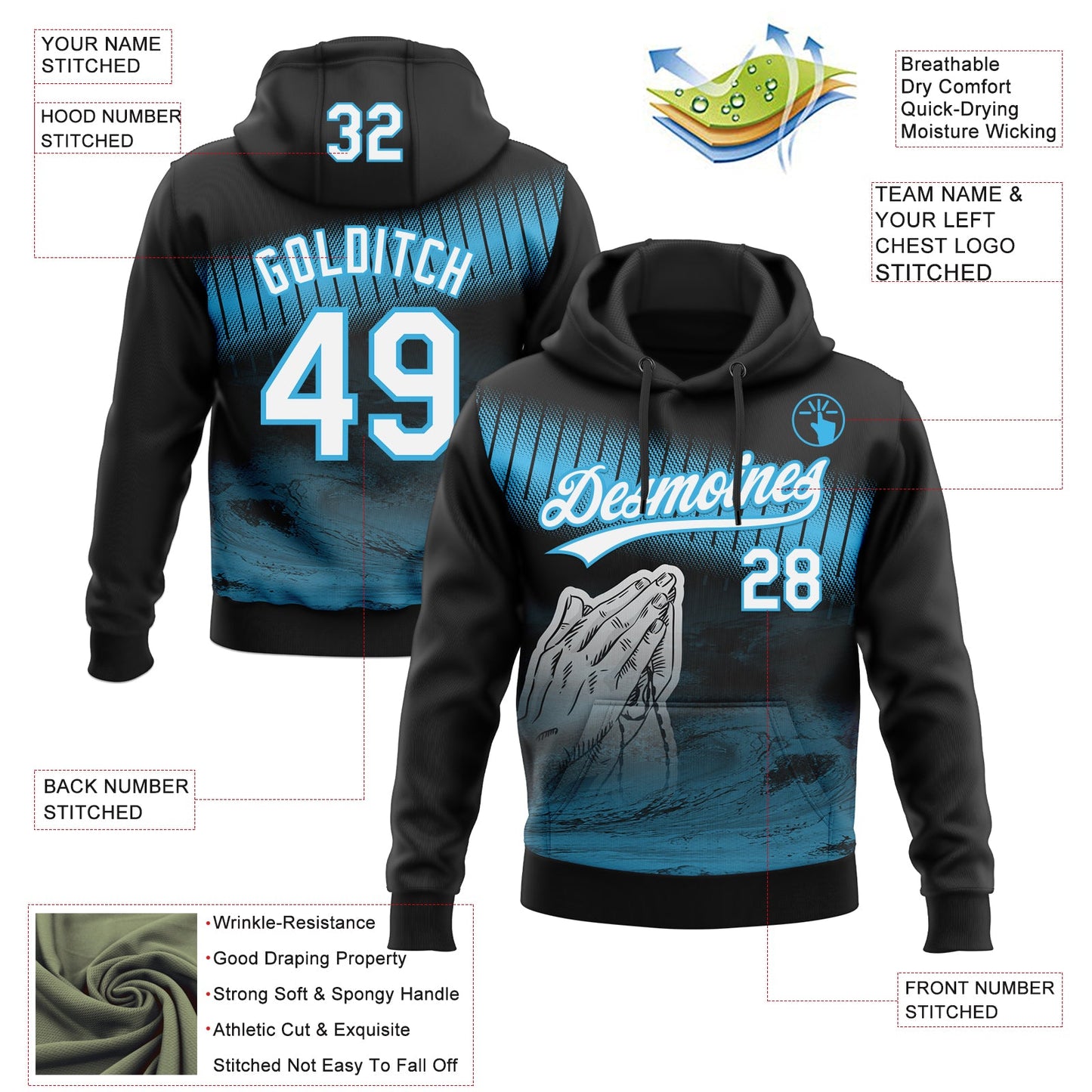 Custom Stitched Black White-Sky Blue Religion Praying Hands Pullover Sweatshirt Hoodie